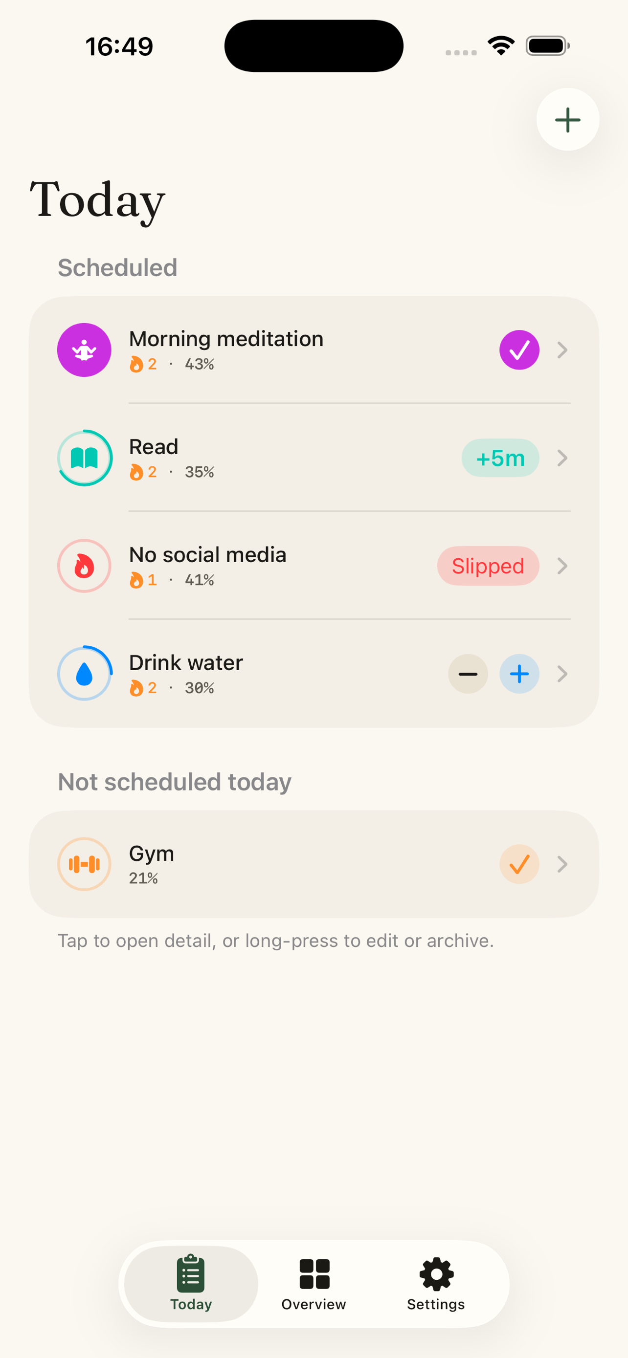 Today view with daily items