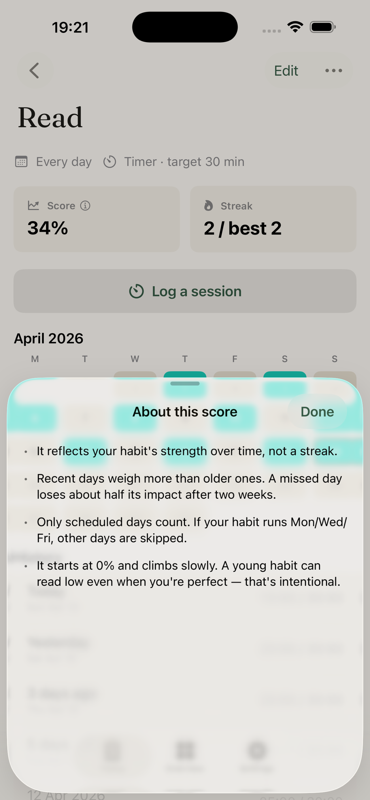 Item detail with monthly calendar and progress