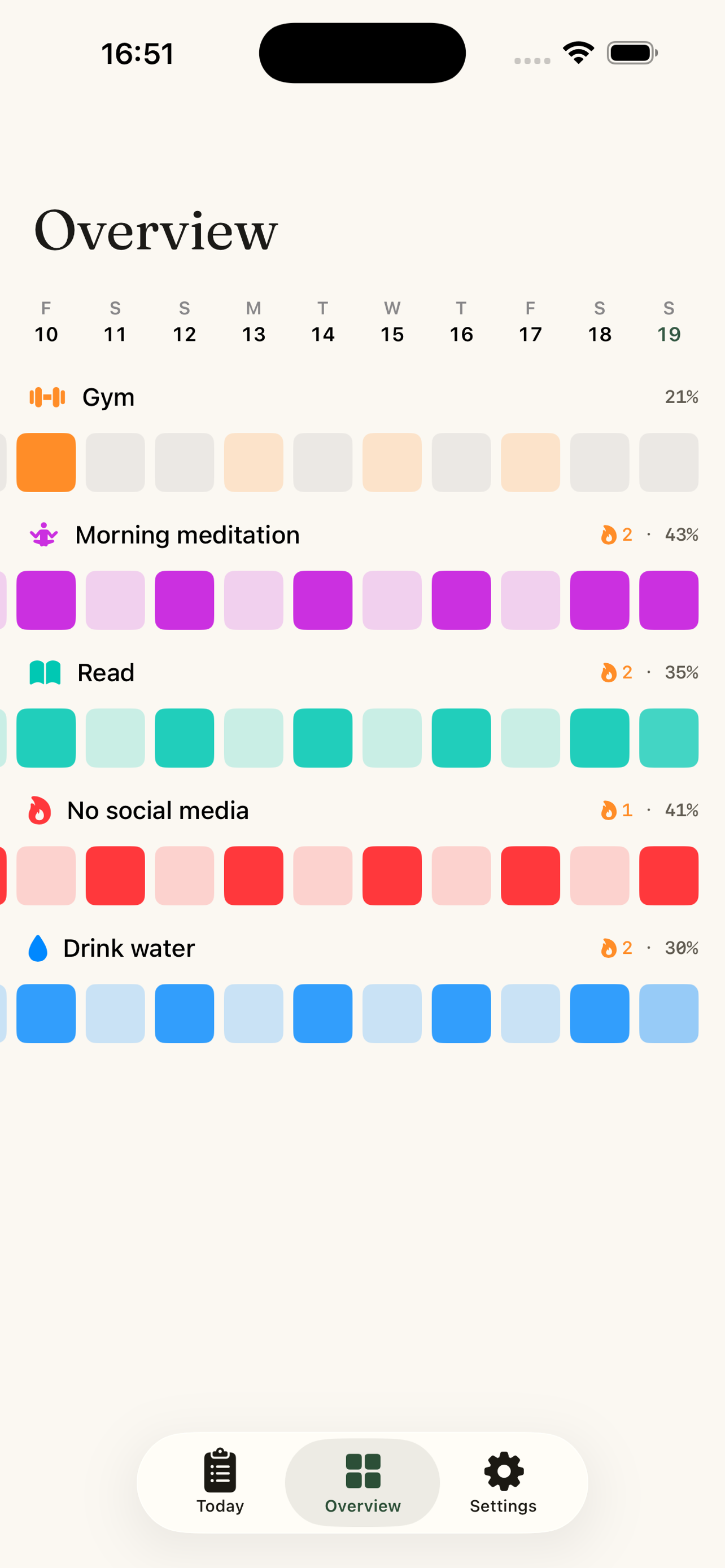 Overview matrix for multiple daily items